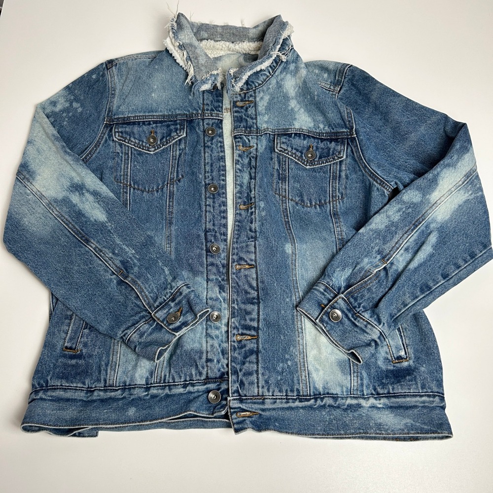 Custom Bleach Wash Denim Trucker Jacket Faux Shearling Collar Blue Distressed